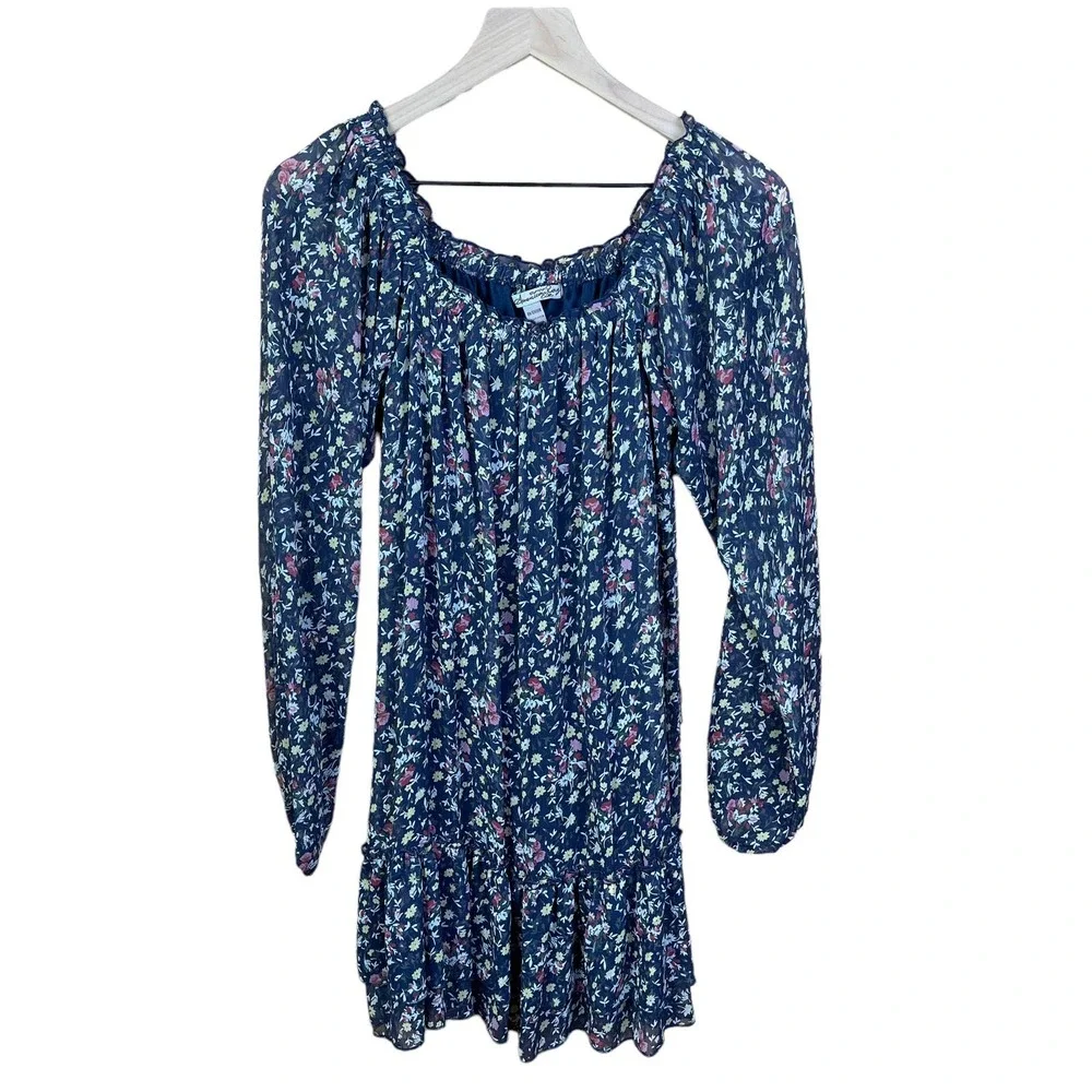 American Rag Cie Sheer Sleeve Floral Mini Dress M Elastic Waist Babydoll Boho‎